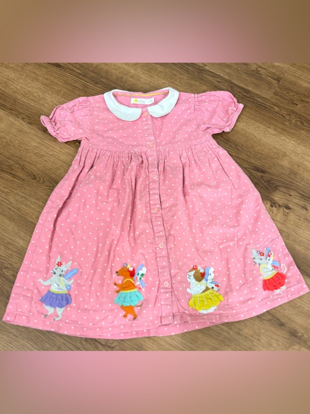 Baby Boden Pink Polka Dot Dress with White Peter Pan Collar Fairy Animals